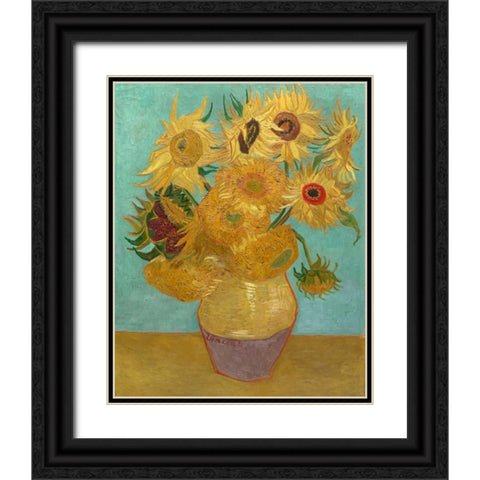 Sunflowers 1889 Black Ornate Wood Framed Art Print with Double Matting by Van Gogh, Vincent