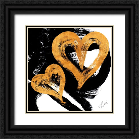 Black And Gold Heart Strokes II Black Ornate Wood Framed Art Print with Double Matting by Ritter, Gina