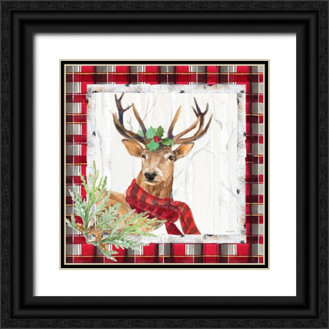 Holiday Deer on Plaid Square I Black Ornate Wood Framed Art Print with Double Matting by Loreth, Lanie