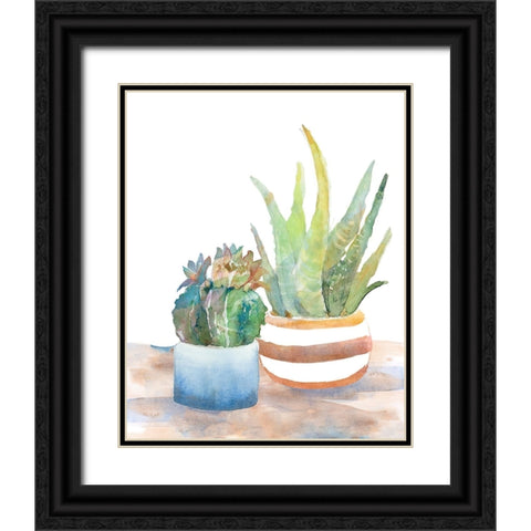 Blue and Brown Potted Succulents Black Ornate Wood Framed Art Print with Double Matting by Loreth, Lanie