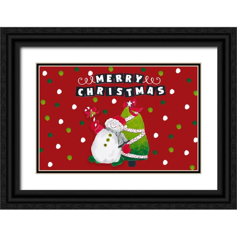 Merry Christmas Snowman and Tree Black Ornate Wood Framed Art Print with Double Matting by Pinto, Patricia