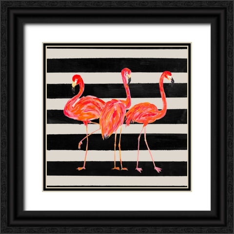 Fondly Flamingo Trio Square on Stripe Black Ornate Wood Framed Art Print with Double Matting by DeRice, Julie