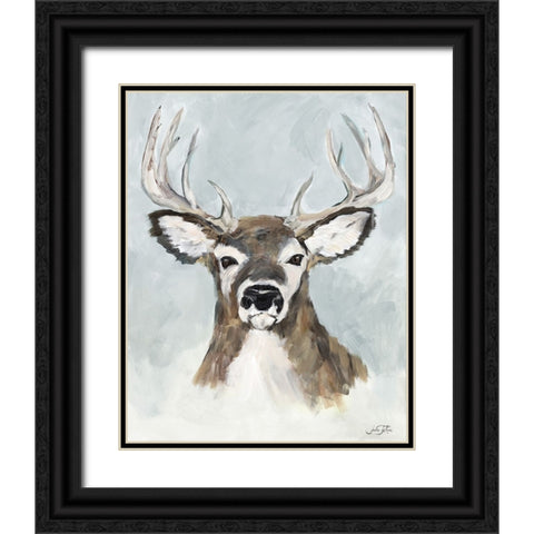 White Tailed Deer On White Black Ornate Wood Framed Art Print with Double Matting by DeRice, Julie