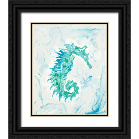 Teal Seahorse Black Ornate Wood Framed Art Print with Double Matting by Grace, Ajoya