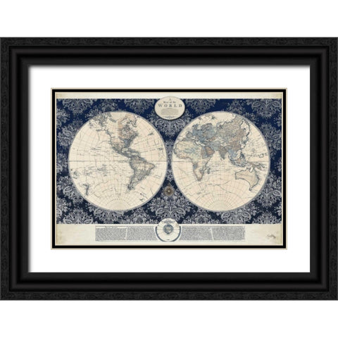 Blue Map of the World Black Ornate Wood Framed Art Print with Double Matting by Medley, Elizabeth