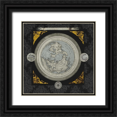 Gold Damask Map I Black Ornate Wood Framed Art Print with Double Matting by Medley, Elizabeth