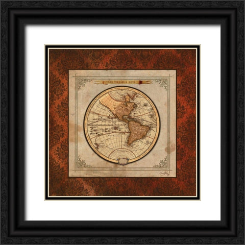 Red Damask Map I Black Ornate Wood Framed Art Print with Double Matting by Medley, Elizabeth