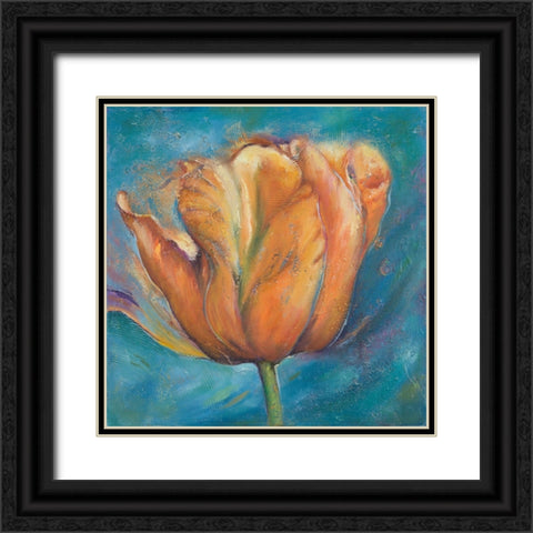 Orange Tulip on Blue Black Ornate Wood Framed Art Print with Double Matting by Pinto, Patricia
