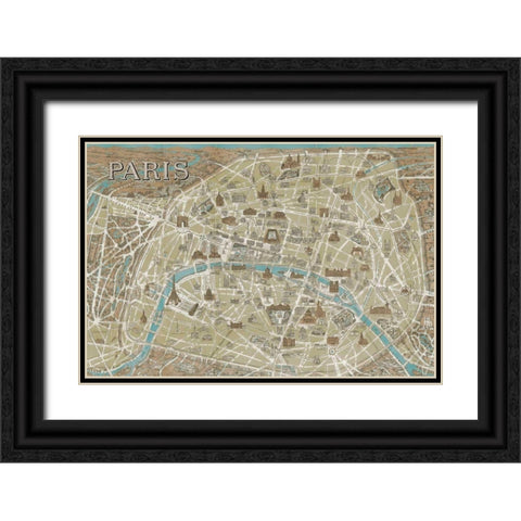Monuments of Paris Map Blue Black Ornate Wood Framed Art Print with Double Matting by Wild Apple Portfolio