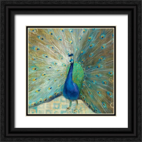 Blue Peacock on Gold Black Ornate Wood Framed Art Print with Double Matting by Nai, Danhui