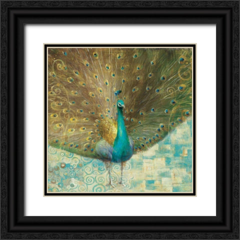 Teal Peacock on Gold Black Ornate Wood Framed Art Print with Double Matting by Nai, Danhui