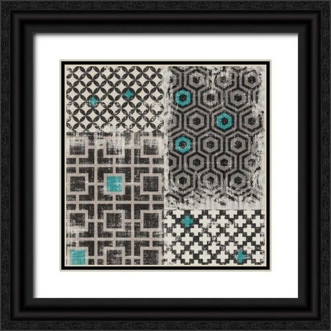Geometric Patchwork Peacock Blue Square II Black Ornate Wood Framed Art Print with Double Matting by Pela Studio