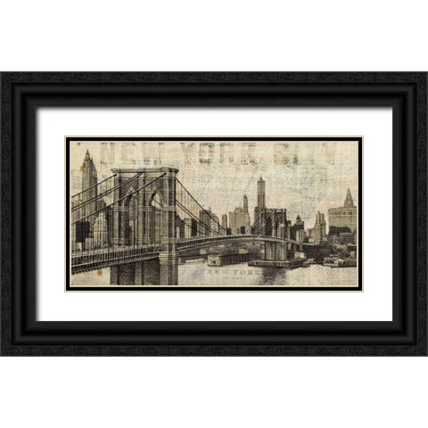 Vintage NY Brooklyn Bridge Skyline Black Ornate Wood Framed Art Print with Double Matting by Mullan, Michael