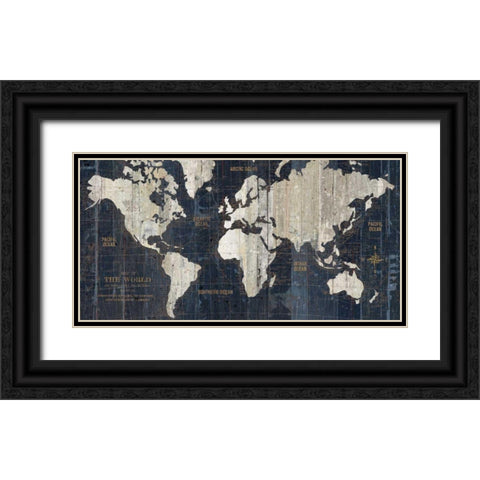 Old World Map Blue Black Ornate Wood Framed Art Print with Double Matting by Wild Apple Portfolio