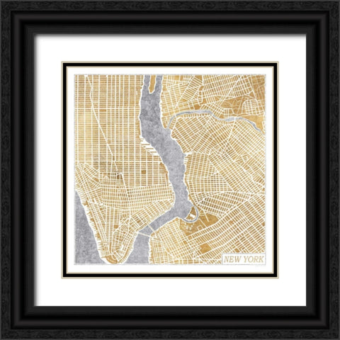 Gilded New York  Map Black Ornate Wood Framed Art Print with Double Matting by Marshall, Laura