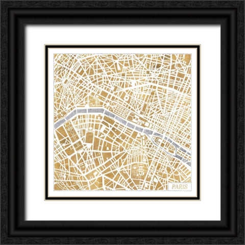Gilded Paris Map Black Ornate Wood Framed Art Print with Double Matting by Marshall, Laura