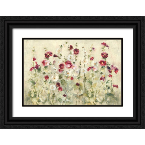 Hollyhocks Row Cool Black Ornate Wood Framed Art Print with Double Matting by Blum, Cheri