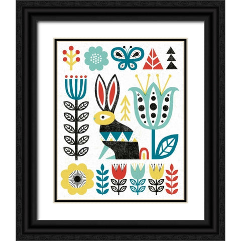 Folk Lodge Rabbit V2 Teal Black Ornate Wood Framed Art Print with Double Matting by Mullan, Michael