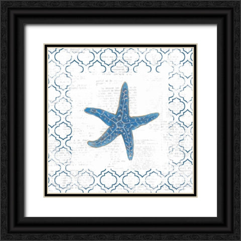 Navy Starfish on Newsprint Black Ornate Wood Framed Art Print with Double Matting by Adams, Emily