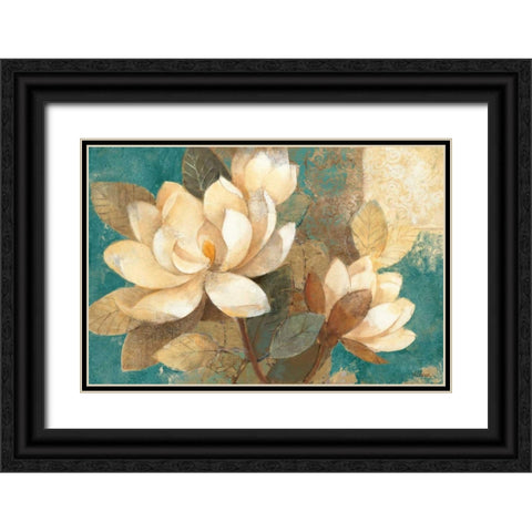 Turquoise Magnolias Black Ornate Wood Framed Art Print with Double Matting by Hristova, Albena