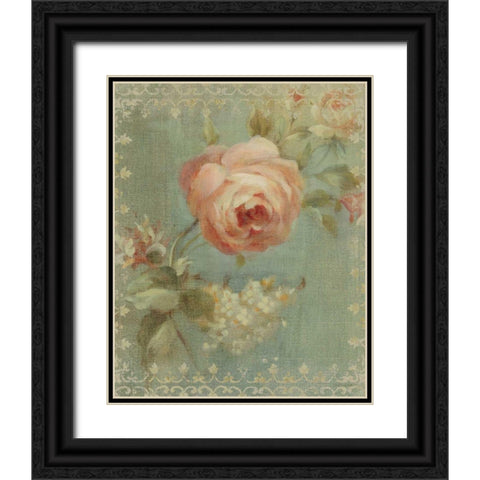 Rose on Sage Black Ornate Wood Framed Art Print with Double Matting by Nai, Danhui