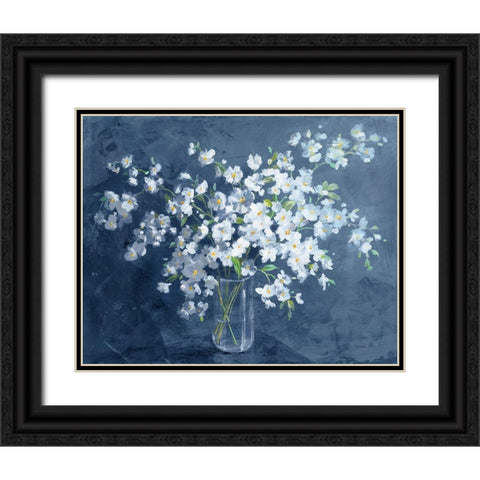Fresh White Bouquet Dark Blue Black Ornate Wood Framed Art Print with Double Matting by Nai, Danhui
