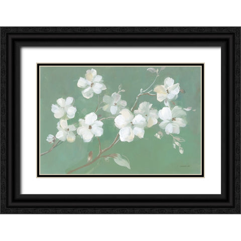 Blossoms on Sage Black Ornate Wood Framed Art Print with Double Matting by Nai, Danhui