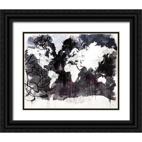 Floral Graffiti World Map Black Ornate Wood Framed Art Print with Double Matting by Youngstrom, Kent