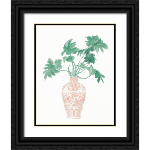 Palm Chinoiserie III Pink Green v2 Black Ornate Wood Framed Art Print with Double Matting by Nai, Danhui