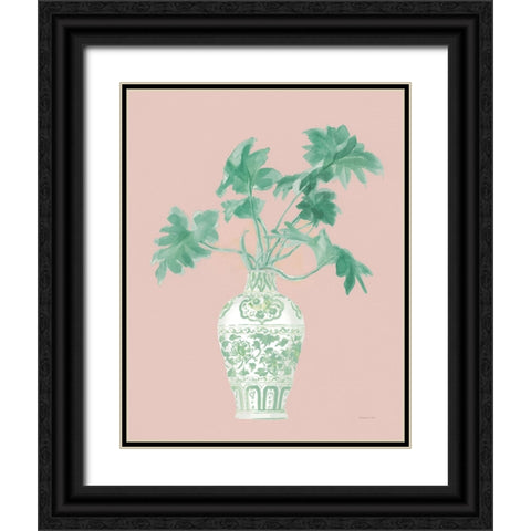 Palm Chinoiserie III Pink Green v2 Black Ornate Wood Framed Art Print with Double Matting by Nai, Danhui