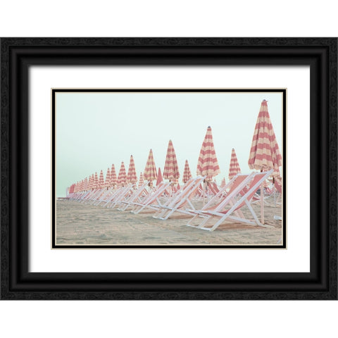 Pink Umbrellas Black Ornate Wood Framed Art Print with Double Matting by Aledanda