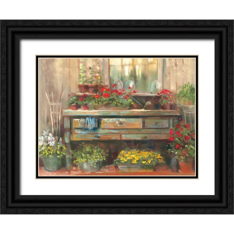 Gardners Table Black Ornate Wood Framed Art Print with Double Matting by Rowan, Carol