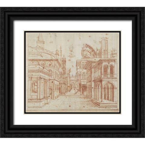 Roman Perspective Black Ornate Wood Framed Art Print with Double Matting by Peruzzi, Baldassare