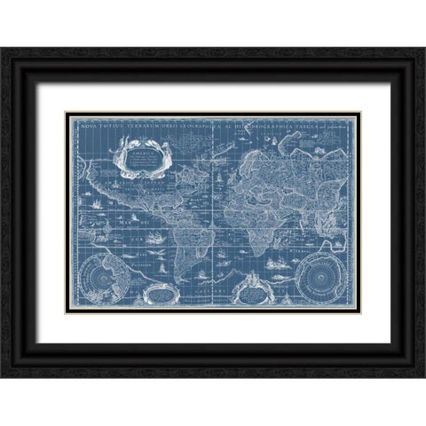 Blueprint World Map Black Ornate Wood Framed Art Print with Double Matting by Blaeu, Willem
