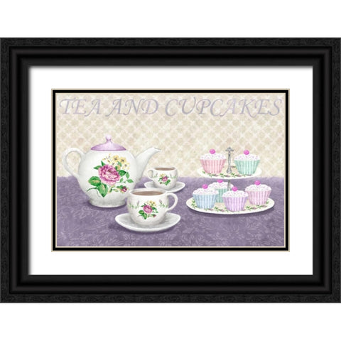 Tea and cupcakes Black Ornate Wood Framed Art Print with Double Matting by Linda, Wood
