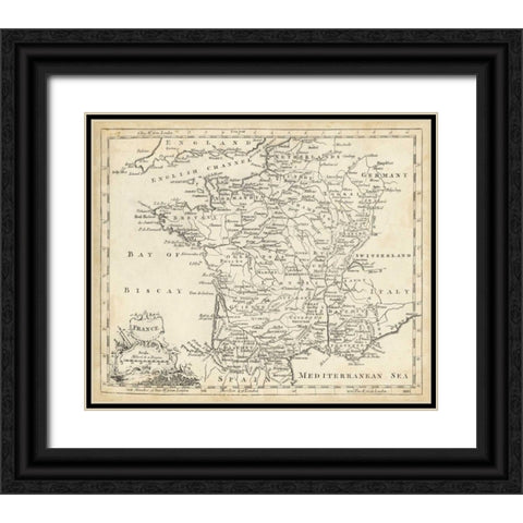Map of France Black Ornate Wood Framed Art Print with Double Matting by Jeffreys, T.
