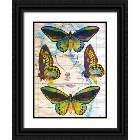 Butterfly Map III Black Ornate Wood Framed Art Print with Double Matting by Butler, John