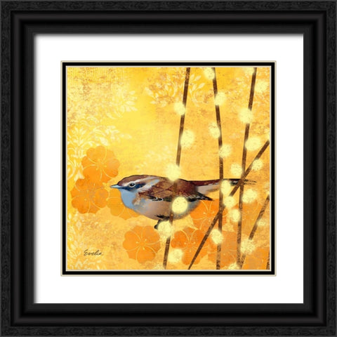 Wren on Yellow I Black Ornate Wood Framed Art Print with Double Matting by Evelia Designs