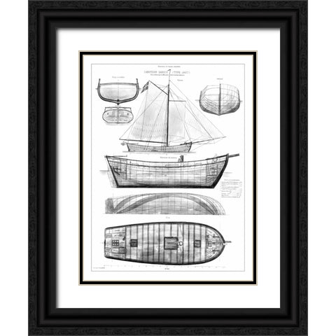 Custom Antique Ship Blueprint in BW II Black Ornate Wood Framed Art Print with Double Matting by Vision Studio