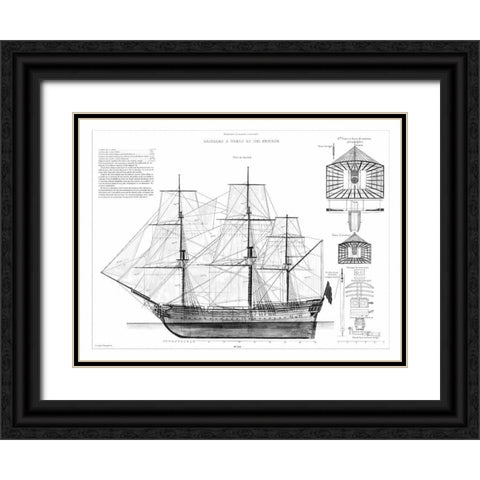 Custom Antique Ship Blueprint in BW IV Black Ornate Wood Framed Art Print with Double Matting by Vision Studio