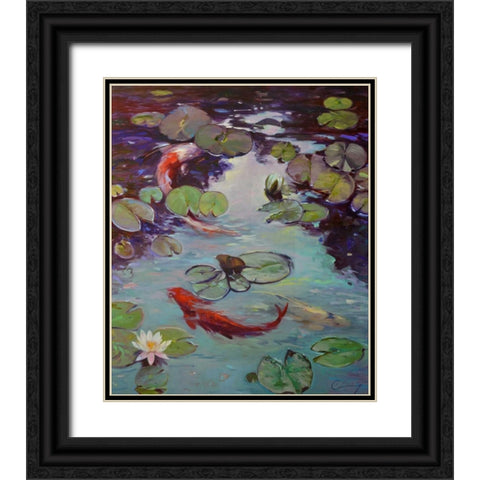 Red Koi and Lilies Black Ornate Wood Framed Art Print with Double Matting by Larivey, Chuck