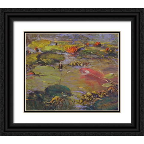 Koi and Lilies I Black Ornate Wood Framed Art Print with Double Matting by Larivey, Chuck