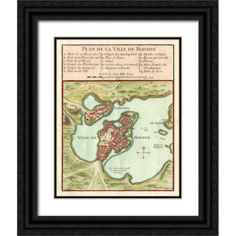 Petite Map of the City of Boston Black Ornate Wood Framed Art Print with Double Matting by Unknown