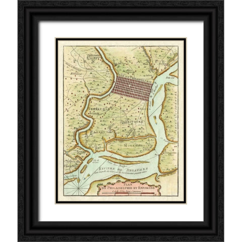 Petite Map of Philadelphia Black Ornate Wood Framed Art Print with Double Matting by Unknown