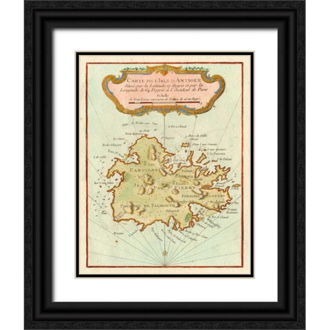 Petite Map of Island of Antigua Black Ornate Wood Framed Art Print with Double Matting by Unknown