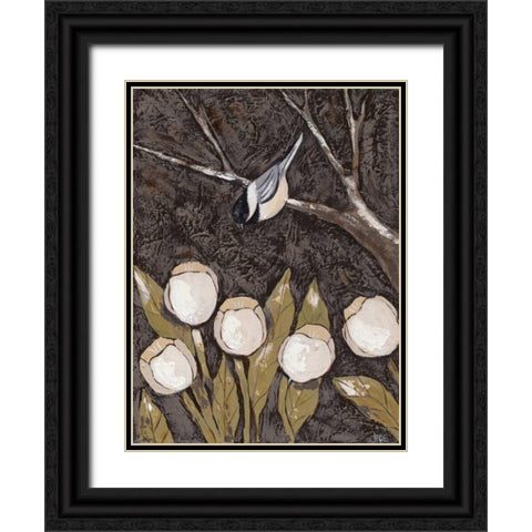 Chickadee and Tulips II Black Ornate Wood Framed Art Print with Double Matting by Reynolds, Jade