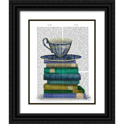 Teacup and Books Black Ornate Wood Framed Art Print with Double Matting by Fab Funky