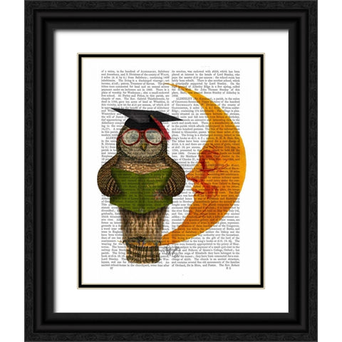 Owl On The Moon Black Ornate Wood Framed Art Print with Double Matting by Fab Funky