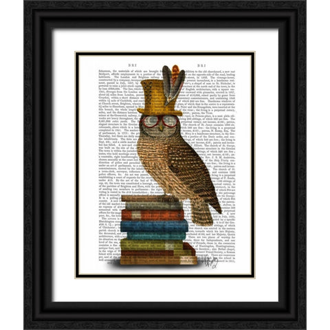 Owl On Books Black Ornate Wood Framed Art Print with Double Matting by Fab Funky