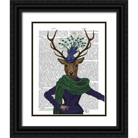 Deer and Fascinator Black Ornate Wood Framed Art Print with Double Matting by Fab Funky